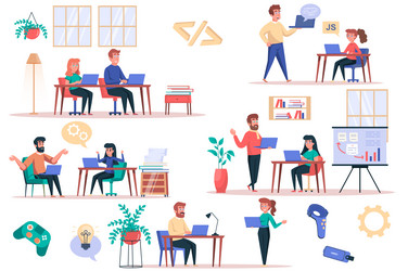 game developer working isolated elements set vector image