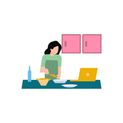 Girl cooking by watching online videos vector