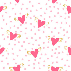 Flying pink hearts with golden wings dots vector