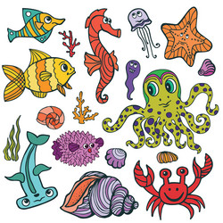Colorful Underwater Sea Animals Doodle Set Vector Image