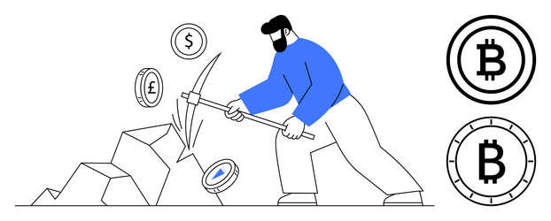 man mining cryptocurrency with pickaxe surrounded vector image