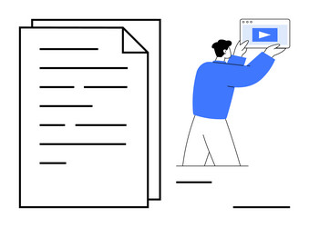 man holding a video screen beside document vector image