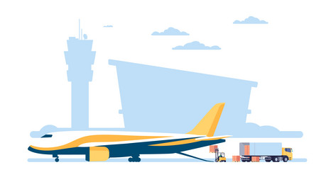 unloading cargo plane at airport freight airplane vector