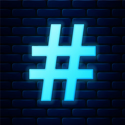 glowing neon hashtag icon isolated on brick wall vector