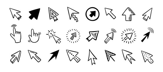 cursor doodle icon set click hand drawn vector image