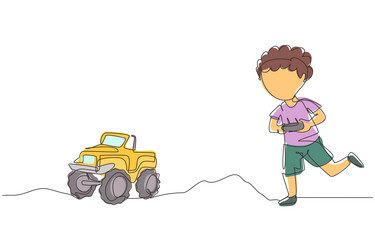Single continuous line drawing little boy playing Vector Image