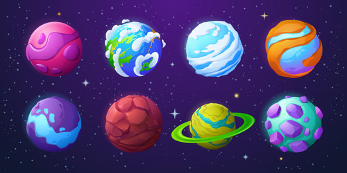 Game icons of fantasy planets and asteroids Vector Image