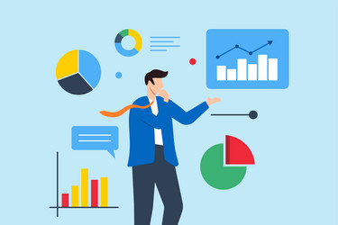 flat of businessman thinks with data charts vector image