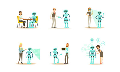engineers making programming and designing robots vector image