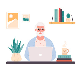 Old man working on computer at home online vector