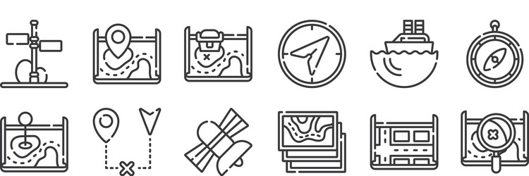 12 set linear navigation and maps icons thin vector image