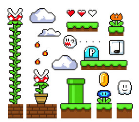 set of pixel arcade game elements vector image