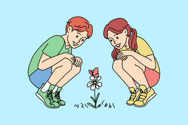 Smiling kids looking at flowers vector