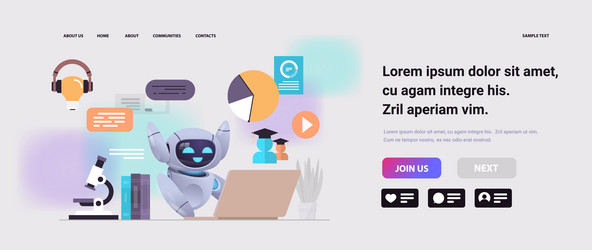 robot sitting at workplace robotic character using vector image
