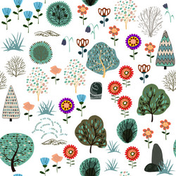 Seamless pattern with forest elements and hand vector