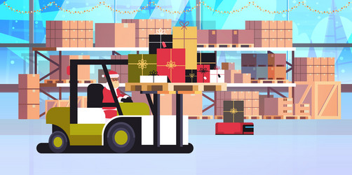 Santa claus on forklift truck loading colorful vector