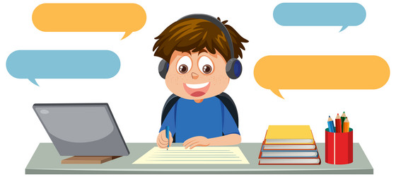 A boy studying online with tablet vector