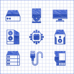 Set processor with cpu usb cable cord sd card vector