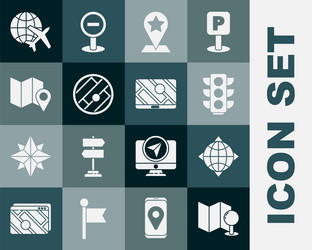 set folded map with push pin world globe compass vector image