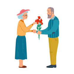 mature couple in love man gives flowers to woman vector