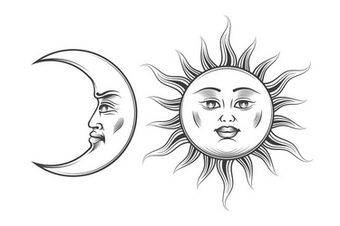 Sun & Crescent Moon Engraving - Human Faces Vector Image