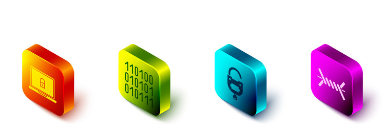 Set isometric laptop and lock binary code vector