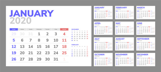 Calendar for 2020 new year in clean minimal table vector