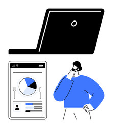 person analyzing data on mobile app while working vector image