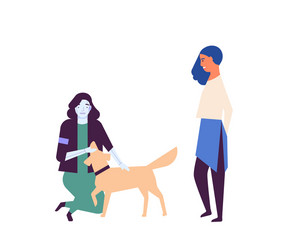 robotized assistant walking dog flat vector