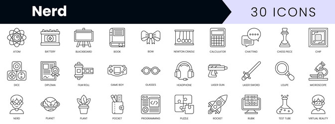 set of outline nerd icons minimalist thin linear vector