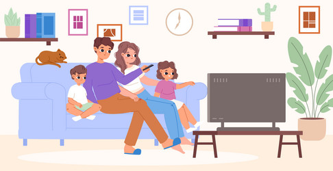 family watching tv sitting on sofa watch movie vector