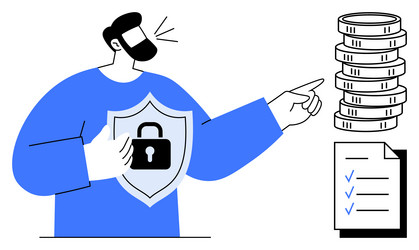man highlighting data security with shield vector image