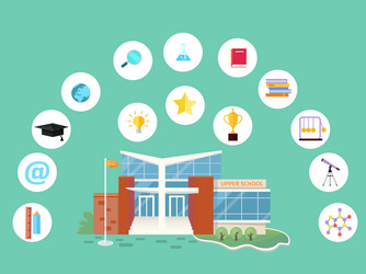 Set of school icons building book devices vector