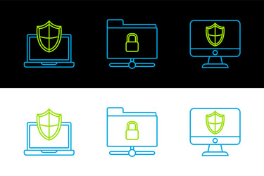 Set line computer monitor and shield laptop vector