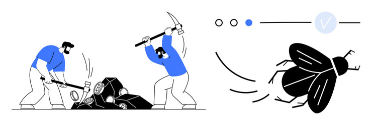 two workers smashing bugs with a sledgehammer vector image