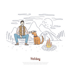 Tourist with dog sitting campfire hiking trip vector