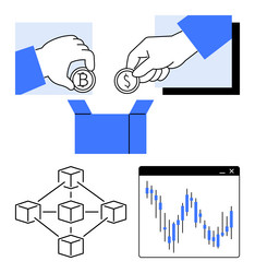 hands holding bitcoin and dollar coins blockchain vector image