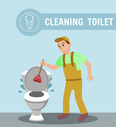 plumber with plunger repair clogged toilet bowl vector