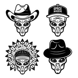 alien heads in different headdress set vector