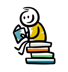 funny cartoon man sitting on the books and reading