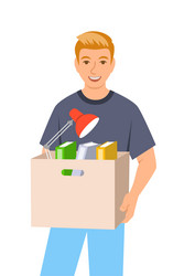 new worker boy starts job holding box with stuff vector