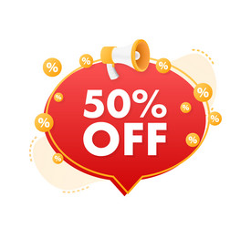 50 percent off sale discount banner with megaphone vector