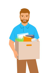 New worker man starts job holding box with stuff vector