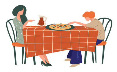 female friends eating pizza in italian restaurant vector