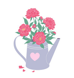 simple metal watering can with pink peony Vector Image
