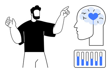 man gesturing towards a head with brain and heart vector image