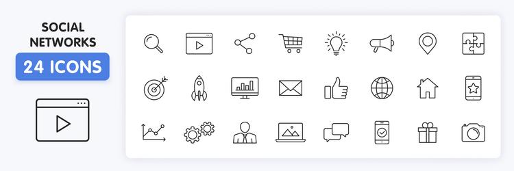 Set of 24 social networks web icons in line style vector