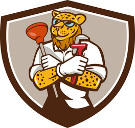 leopard plumber wrench plunger crest retro Vector Image