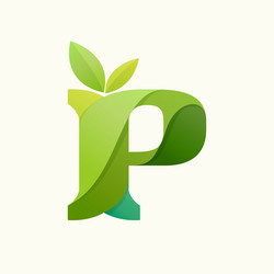 swirling letter p logo with green leaves vector