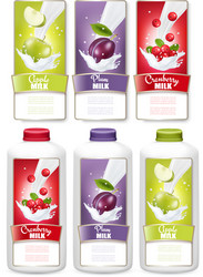 set of three labels fruit in milk splashes vector